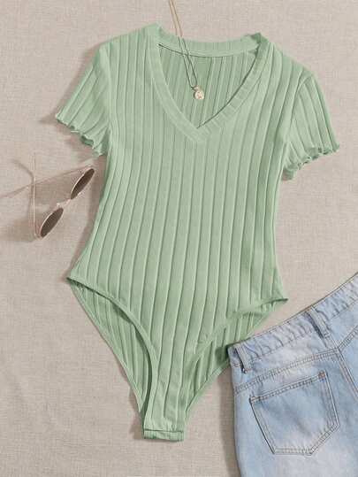 SHEIN EZwear Mint Green Plus Size V-Neck Short Sleeve Frill Trim Bodysuit