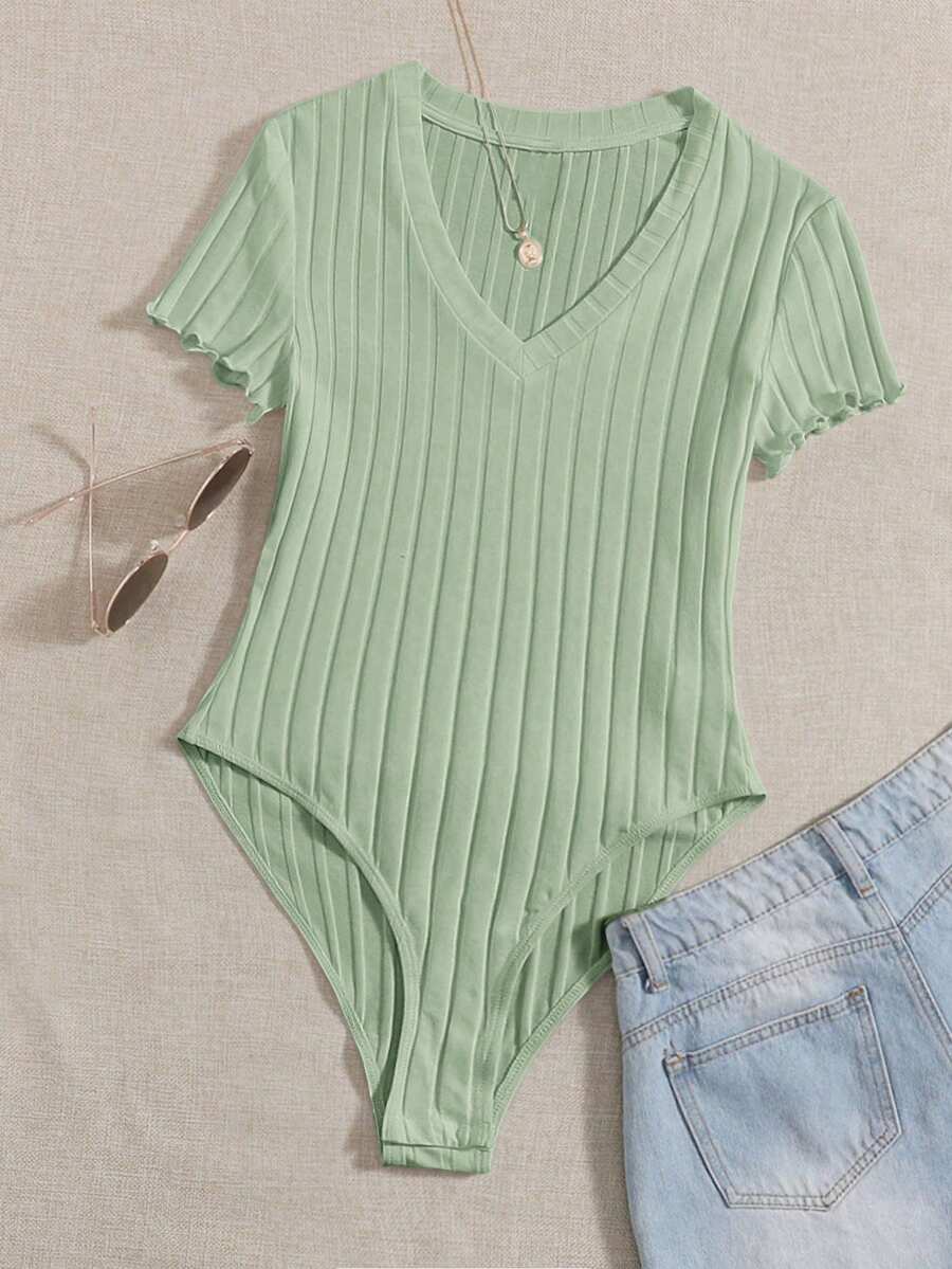 SHEIN EZwear Body vert menthe col V manches courtes avec volants, grande taille - Vert menthe - Voir 1