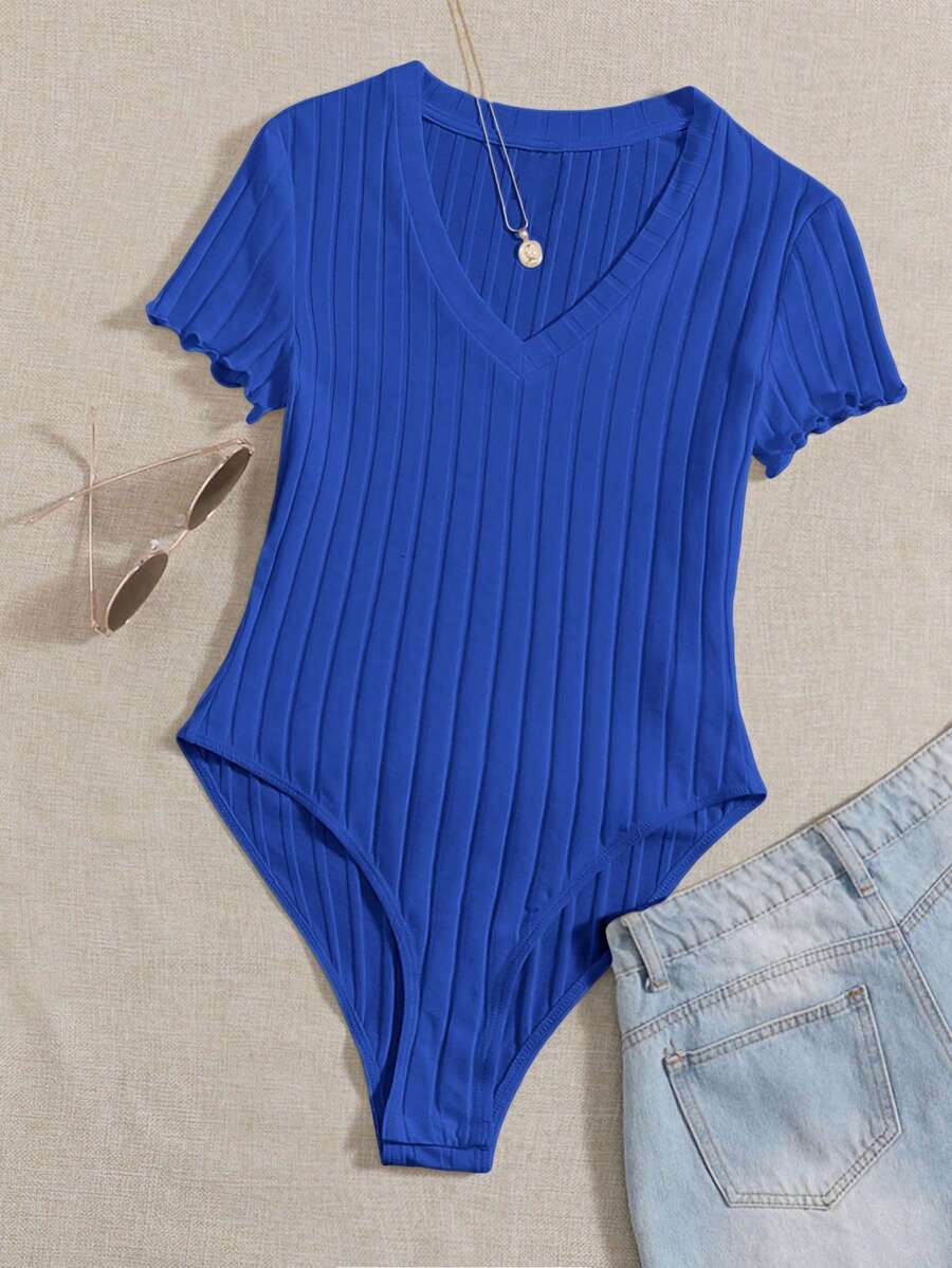 SHEIN EZwear Plus Size Women Ribbed Bodysuit In Navy Blue - Royal Blue - View 1