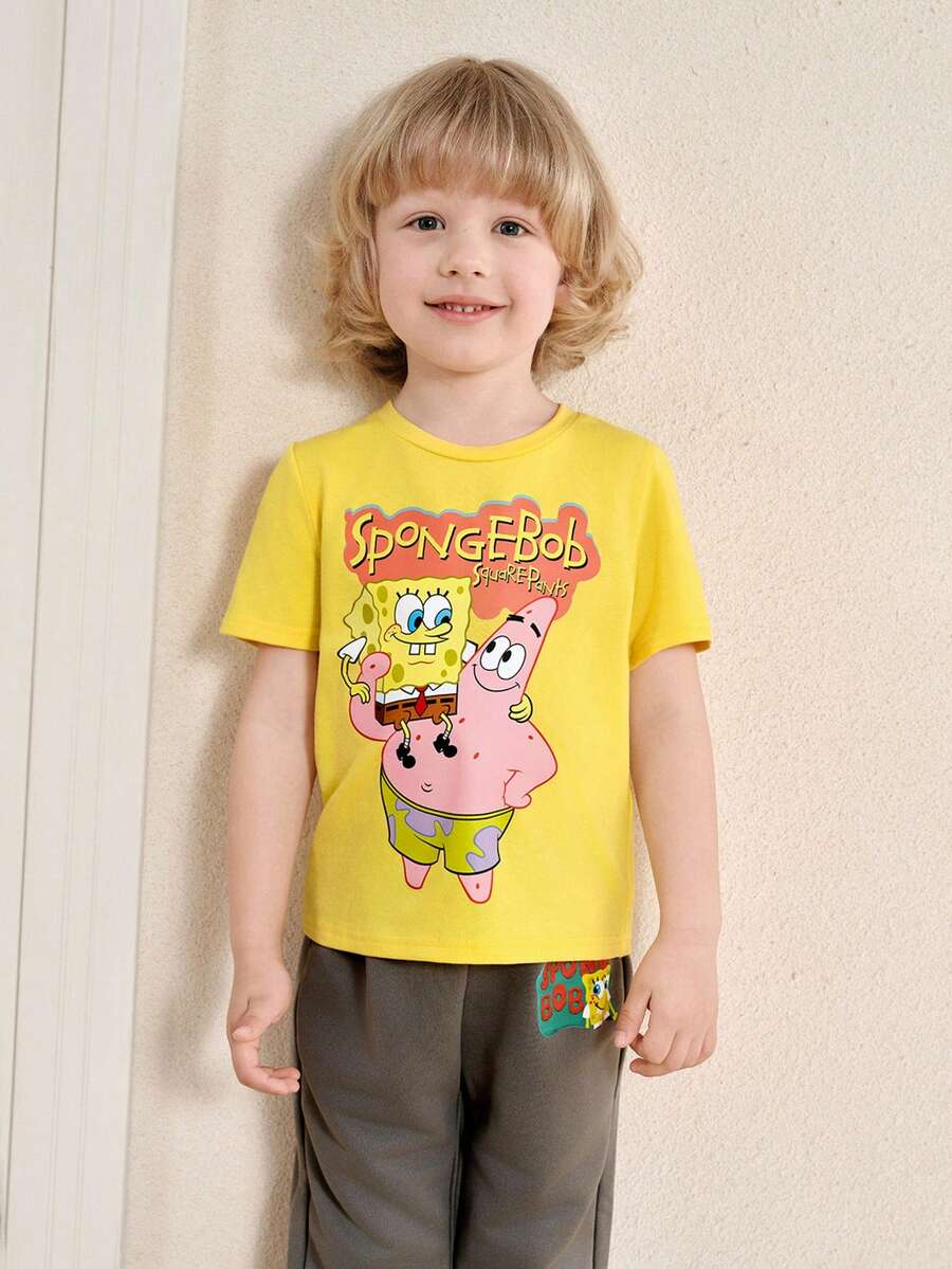 SpongeBob SquarePants | SHEIN 男童卡通印花圆领短袖T恤 - 黃色 - 查看 1