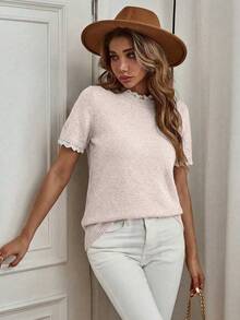 EMERY ROSE Elegante suéter de punto de manga corta con cuello redondo y adorno de encaje en color albaricoque, adecuado para ir al trabajo, estar en casa y uso diario, primavera/verano - Rosa vieja - Ver 7