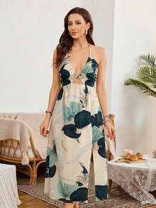 SHEIN Plant Leaf Print Cinched Waist V-Neck Slit Bodycon Vacation Dress For Women - Multicolor - View 4