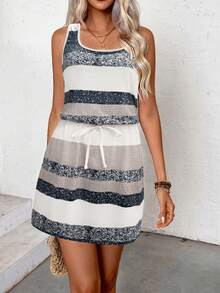 Women's Striped Round Neck Waist Tie Sleeveless Casual Dress - Grey - View 5