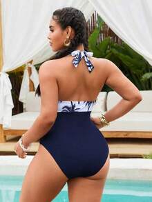 Swim Lushoire Traje de baño de una pieza con estampado floral, escote halter y espalda descubierta, talla grande - Azul - Ver 2