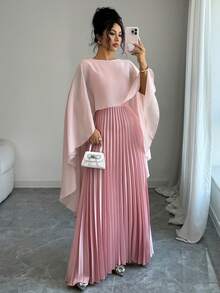 Rafferiza 女士新款春夏中东风情两件套，阿拉伯库尔塔套装，适合派对、婚礼、时装秀、浪漫约会、海滩等场合，缎面无袖上衣搭配长裙，粉色两件套 - 粉色 - 查看 1