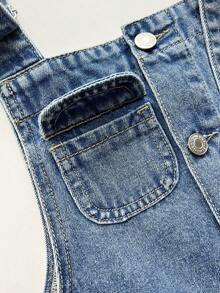 Elamini Fashionable Casual Button Cuffed Washed Denim Bib Shorts - Light Wash - View 4