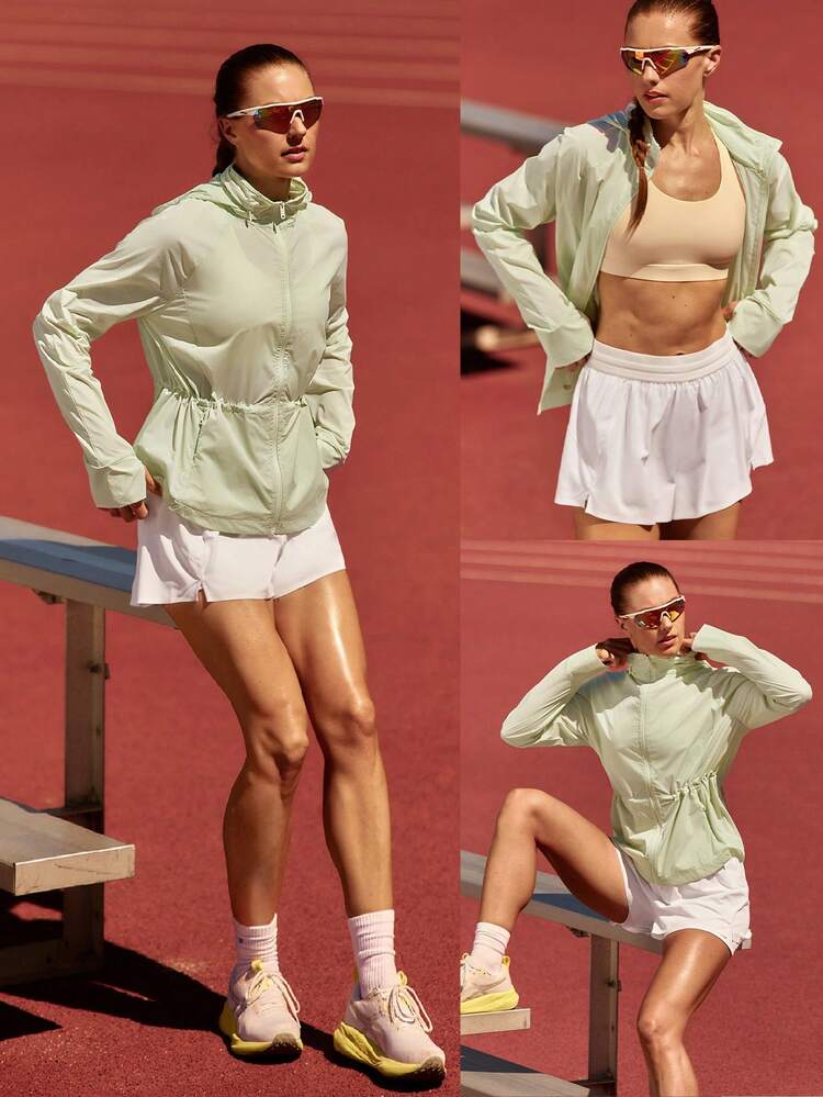 Keep It Moving Hip-Length Relaxed Fit Adjustable Drawstring Cinch Waist 2-Way Wear Hooded Running Jacket Jogging Outdoor Workout Gym Daily Active Wear