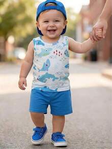 Baby Boy Letter & Fish Print Round Neck Top And Shorts Casual Daily Outfit - White - View 8