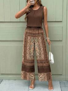 SHEIN Clasi 优雅女士纯色纹理褶皱上衣和花朵阔腿裤套装 - 彩色 - 查看 4