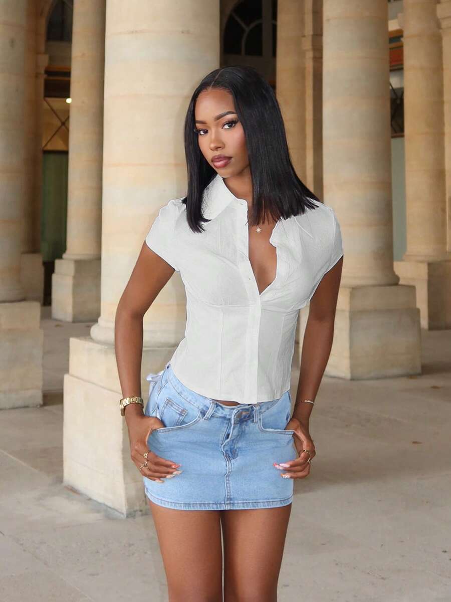 Mima John Women's Elegant Solid White Short Sleeve Pleated Waist Shirt, Suitable For Commuting And Daily Wear, Spring/Summer - Multicolor - View 1