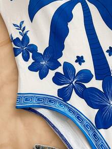 Soleia New Vacation Knit Printed Asymmetric-Shoulder Bowknot Bodysuit For Women - Blue and White - View 6