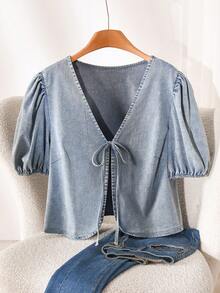 CosyJoli Plus Size Casual Embroidered Puff Sleeve Tie Front Shirt - Blue - View 6