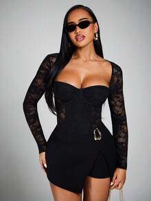 Radiana Sexy Elegant Unique Black Square Neck Lace Bodysuit Top, Sheer Lace Blouse, Long Sleeve Shirt, Black Tight Bustier, Suitable For Valentine's Day Date, Night Out, Party, Birthday, Club, Daily Wear, Cocktail, Concert, Festival, Stretchy Lace Fabric Hugs Curves - Black - View 3