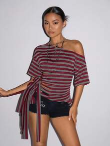 SHEIN ICON Y2k 女款哥特风 Coachella 音乐节俱乐部嬉皮辣妹中国风红黑条纹不对称肩短袖侧扭结时尚上衣，夏季 - 彩色 - 查看 6