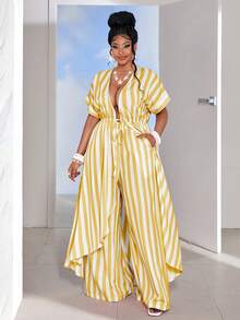 Maweii Plus Size Women Striped Short Sleeve Tie Waist Shirt And Wide Leg Pants Set - Multicolor - View 4