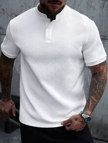 Manfinity CasualCool 男士白色短袖 Polo 衫，夏季休閒度假復古立領修身 T 恤，幾何圖案鈕扣門襟，老錢風復古上衣，正式款 - 白色 - 查看 4