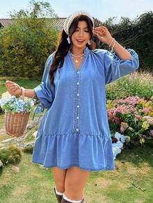 SHEIN Holidaya Plus Size Women Casual Notched Neck Denim Dress - Light Wash - View 4