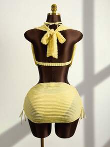 Bellisia Women's Elegant Tie-Up Cake Skirt Swimsuit 3 Pieces Set, Beach, Pool, Casual Party, Holiday, Spring/Summer - Yellow - View 2