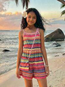ChillGRL 少女连体衣，优雅多色连体衣，附赠收纳袋，彩虹条纹连体短裤，荷叶边蝴蝶结肩带，适合度假、上学、郊游、春夏穿着。 - 彩色 - 查看 1