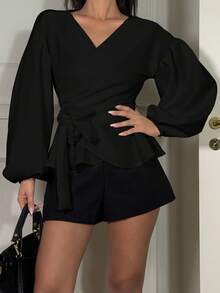 Ronhire Lantern Sleeve Surplice Belted Peplum Off The Shoulder Blouse - Black - View 6