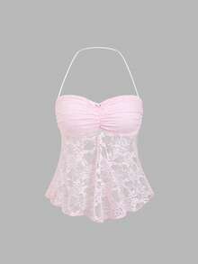 Sweetra New Sexy Lace See-Through Camisole, Versatile For Daily Wear, Commuting, Dating, Pink Color For Women, Spring/Summer - Pink - View 1