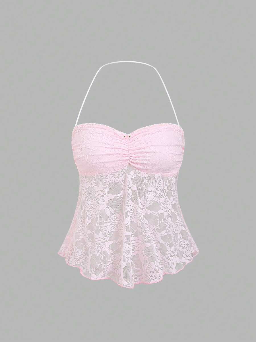 Sweetra New Sexy Lace See-Through Camisole, Versatile For Daily Wear, Commuting, Dating, Pink Color For Women, Spring/Summer - Pink - View 1