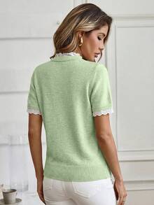 Louniche Elegant Apricot Crew Neck Lace Trim Knit Short Sleeve Sweater, Suitable For Commuting, Home, And Daily Wear, Spring/Summer - Green - View 2
