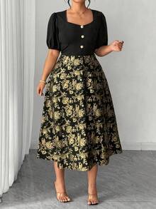 Elenzga 大码女式复古优雅拼接设计方领泡泡袖新款金色花卉印花连衣裙 - 黑色 - 查看 8