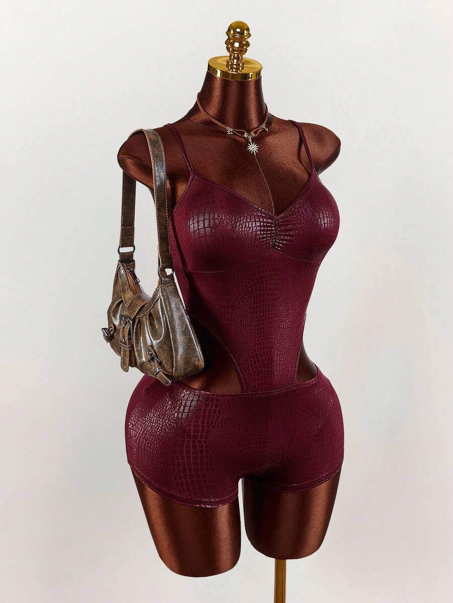 Amplova New Music Festival & Party Hollow Out Midriff Exposed Women's Jumpsuit - Burgundy - View 1