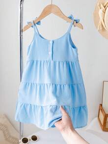 SHEIN Young Girl' Casual Minimalist Jacquard Fabric 3D Crochet Flower Strap Cake Dress, Summer - Baby Blue - View 7