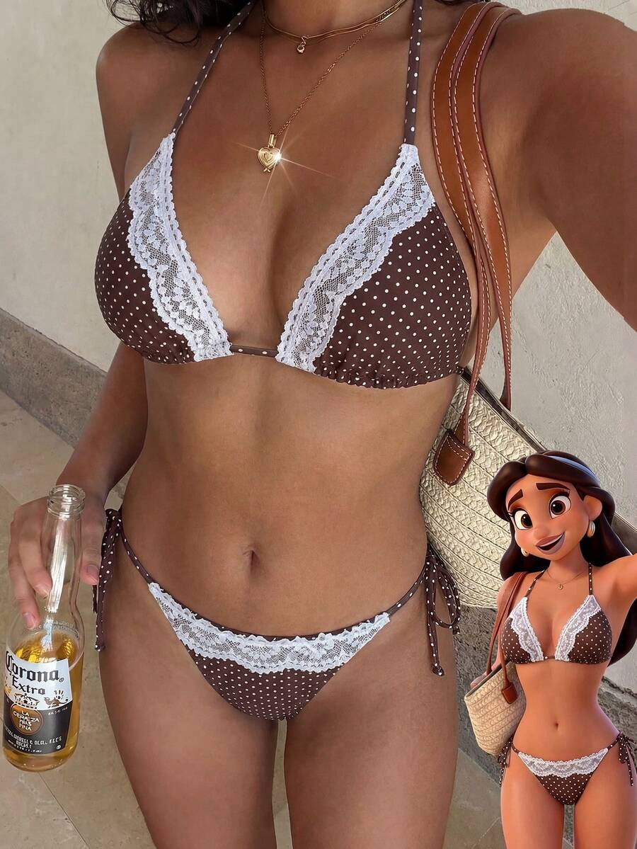 Swim Mod Bikini 2 pièces à imprimé pois tropical pour femmes, tenue de vacances décontractée - Multicolore - Voir 1