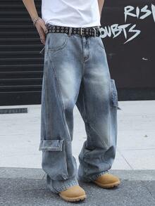 Manfinity EMRG Quần jean nam màu xanh denim dáng rộng ống rộng - Rửa nhẹ - Xem 4