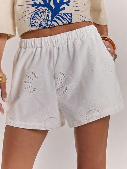 SHEIN BAE Women's Elastic Waist Embroidered Hollow-Out Casual Shorts,Loose-Fitting Elastic Waistband Shorts, Wide-Leg Shorts, Embroidered Openwork Shorts, Casual Shorts, Comfortable Shorts, Linen Shorts, Shell Embroidered Shorts, Summer Shorts,Summer Outfits For Women ,Beach Outfit For Women,Holiday Outfits For Women ,Vacation Outfits For Women White Festival Shorts Beach Shorts