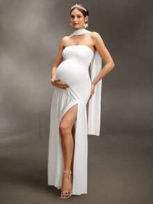 Cheriluna Maternity Robe de maternité longue fendue fluide sans bretelles de couleur unie pour séance photo - Blanc - Voir 3