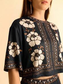 CAJUNI 两件套女士印花上衣和阔腿裤，休闲日常穿着 - 黑色 - 查看 4