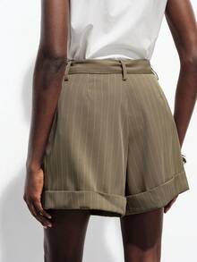 Aveloria Modichic Women's Pinstripe Suiting High Waisted A-Line Shorts With Matching Belt,Khaki,Summer,Chic,Office Business Casual Retro Cuffed Hem Invisible Zipper - Khaki - View 3