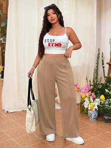 SHEIN EZwear Quần dài ống đứng đơn giản, màu trơn dành cho nữ cỡ lớn - Màu Khaki - Xem 4