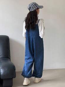 SHEIN 少女休闲纯色宽松牛仔背带裤连体裤，不含T恤，适合返校、教师、教堂等场合，商务休闲女装，基础款连衣裙，韩版风格 - 深色水洗藍 - 查看 2