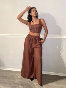 Natali Santanap New Spring/Summer Vacation Casual Fishbone Suspender Pants & Wide Leg Trousers With Pockets 2 Pieces Textured Fabric Set - B Tan Two Piece Set Linen Two Piece Set - Coffee Brown - View 4