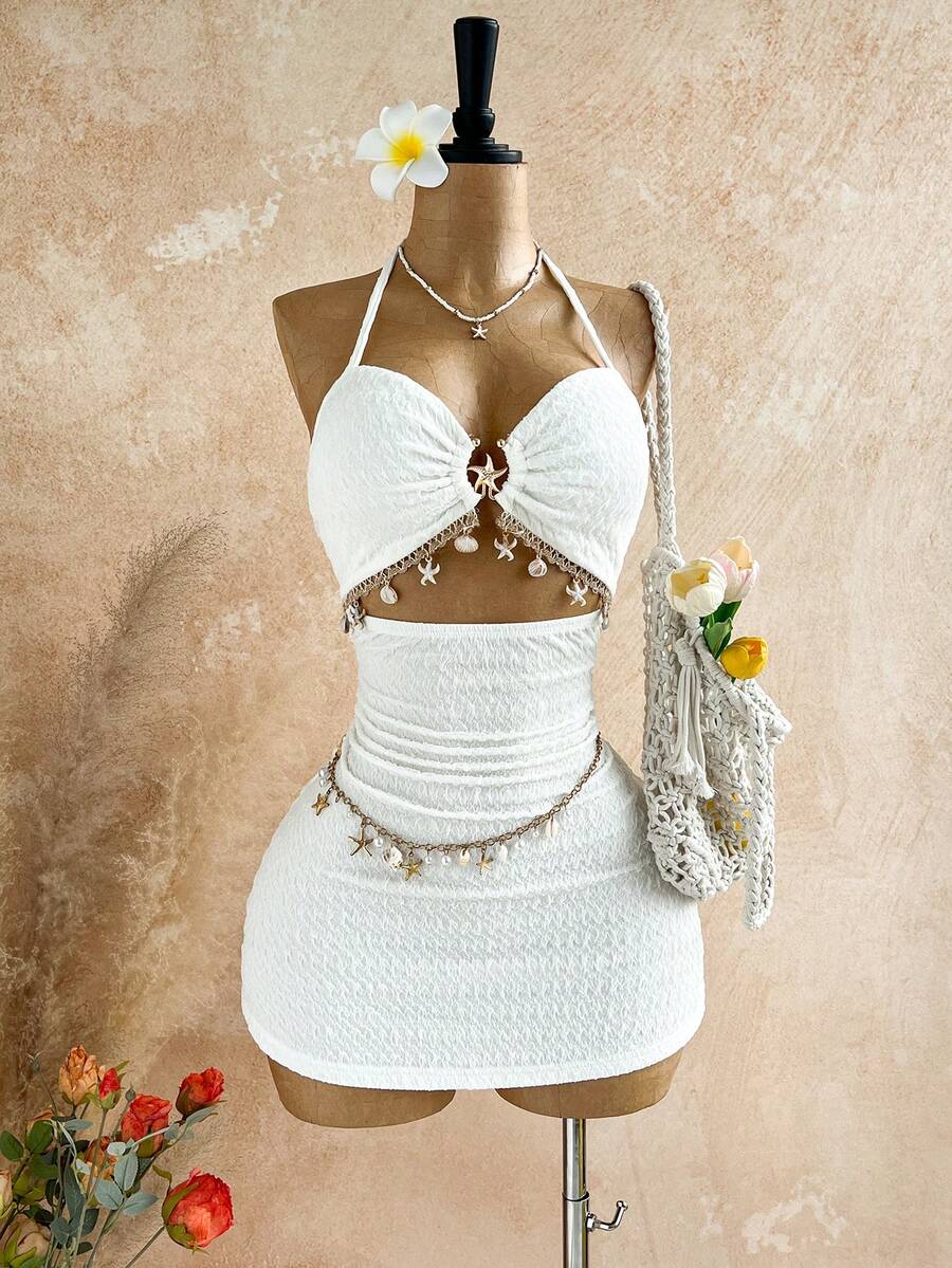 Soleia Plus Size Women's Spring/Summer Vacation Starfish Metal Decor Hollow Lace-Up Backless Mini Dress, Textured Fabric,Summer Outfits,Spring Clothing,Festival Outfits For Women ,Beach Outfit For Women,Holiday Outfits For Women , Birthday Outfits For Women Two Pieces