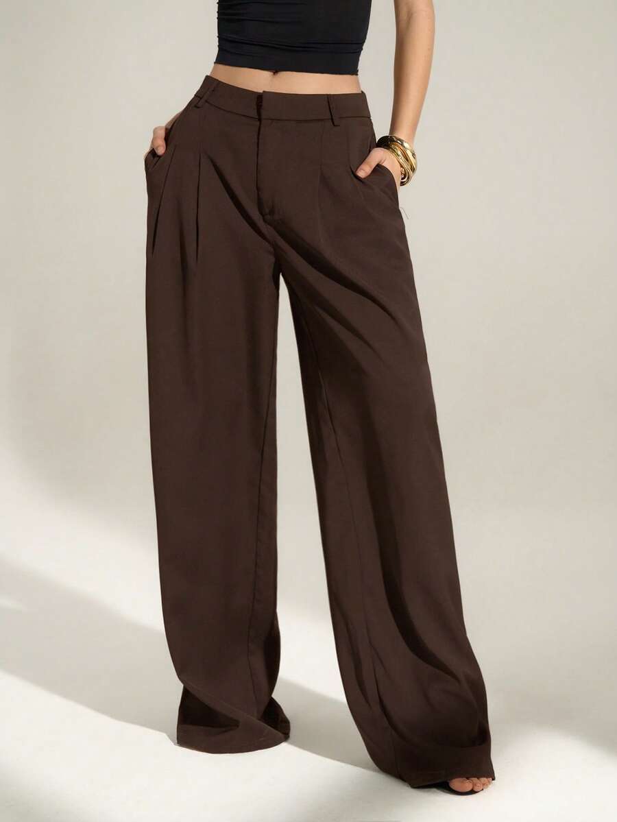 SHEIN Tall Quần ống rộng xếp ly cạp cao phong cách công sở sang trọng, thanh lịch – Quần tây dáng suông màu trơn, trang phục công sở chuyên nghiệp, quần tây công sở may đo thời trang dành cho nữ. - màu nâu - Xem 1
