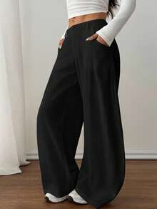 SHEIN PETITE Women's Casual Wide Leg Flare Pants - Black - View 6
