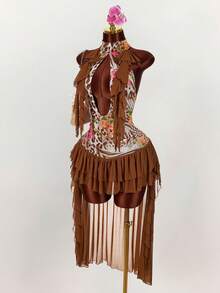 Amplova Women's Sexy Leopard Print Patchwork Ruffle Backless Midi Dress, Vacation Style - Brown - View 4