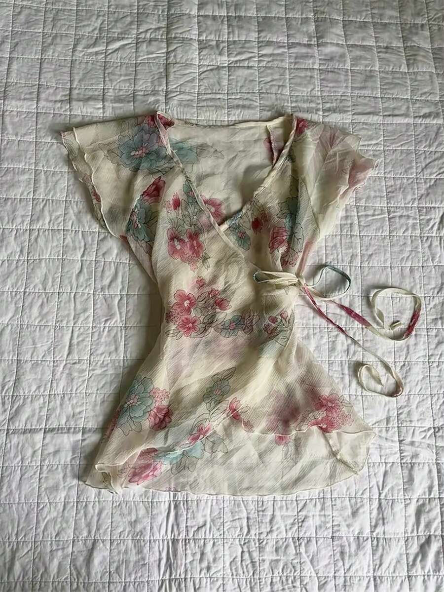 SHEIN Women's Spring/Summer New Floral Print V-Neck Bowknot Waist Flutter Sleeve Blouse - Light Yellow - View 1