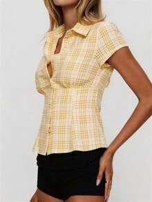 INAWLY Camisa de mujer de manga corta con botones delanteros y hombros ajustados a cuadros - Amarillo - Ver 3