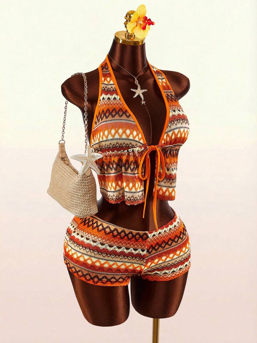 Amplova Deep V-Neck Halter Tie-Front Striped Crop Top And Super Low-Rise Mini Shorts 2 Pieces Set - Orange - View 1
