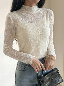 FRIFUL Women's Floral Lace Collar Long Sleeve Fitted Blouse - White - View 9