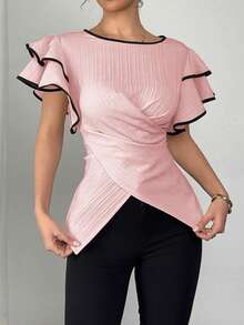 SHEIN Unity 女士双层荷叶袖系腰衬衫 - 粉色 - 查看 6
