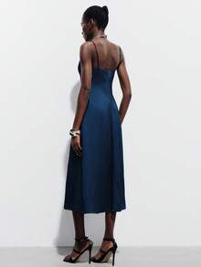 Aveloria Modichic Elegant French Style Luxury Satin Slip Dress With Deep V-Neck And Open Back, A-Line Silhouette - Navy Blue - View 5