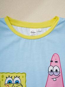 SpongeBob SquarePants | SHEIN Tween Boys Cartoon Print Pajamas - - Blue and White - View 3